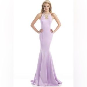 size 0. color lavender. bodycon gown. halter top style. gold beading. open back
